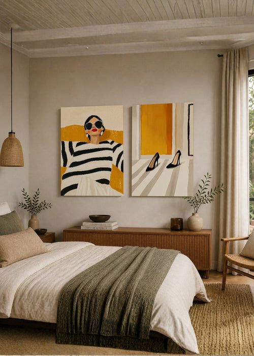 Set x2 Cuadros Decorativos Mural Sin Marco 5mm - Abstractos, Ilustraciones Modernas Mujer Tacones Amarillo