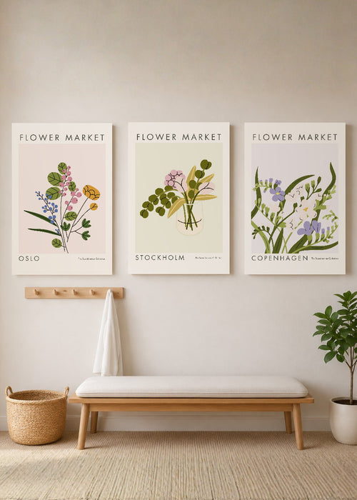 Set x3 Cuadros Decorativos Mural Sin Marco 5mm - Diseños Botánico Flor de Escandinavo