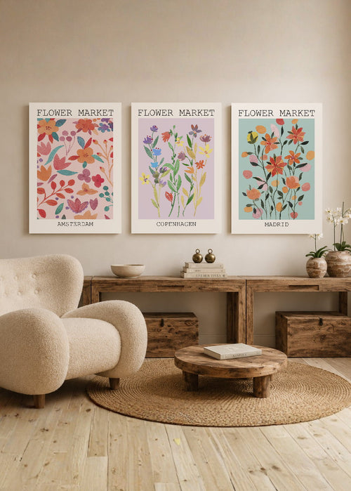 Set x3 Cuadros Decorativos Mural Sin Marco 5mm - Diseños Botánico Flores Coloridas