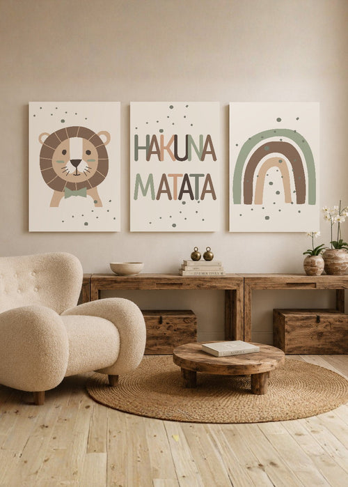 Set x3 Cuadros Decorativos Mural Sin Marco 5mm - kids, infantil, arcoiris, león, hakuna matata.