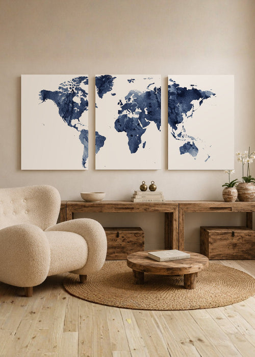 Set x3 Cuadros Decorativos Mural Sin Marco 5mm - Maps, Mapa del mundo azul