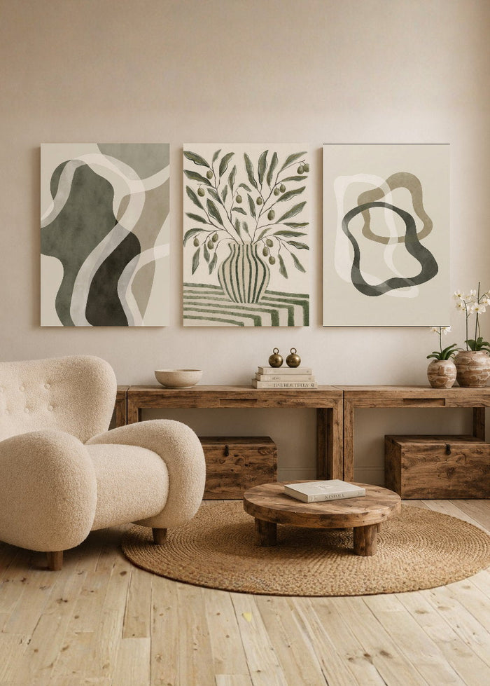 Set x3 Cuadros Decorativos Mural Sin Marco 5mm Abstractos Verdes