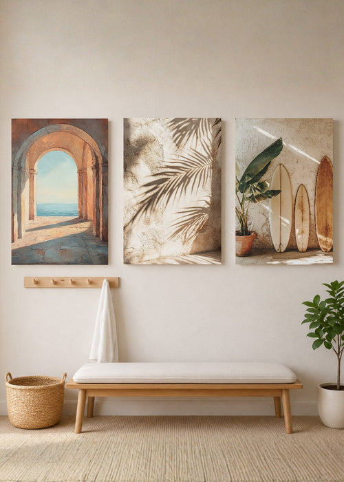 Set x3 Cuadros Decorativos Mural Sin Marco 5mm - Surf, Playa, Tabla, Olas y Arena XV