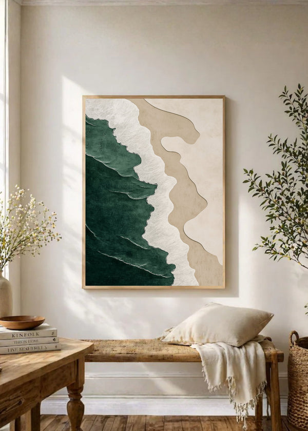 Cuadro Decorativo Japandi, Olas Minimalistas Verde y Beige