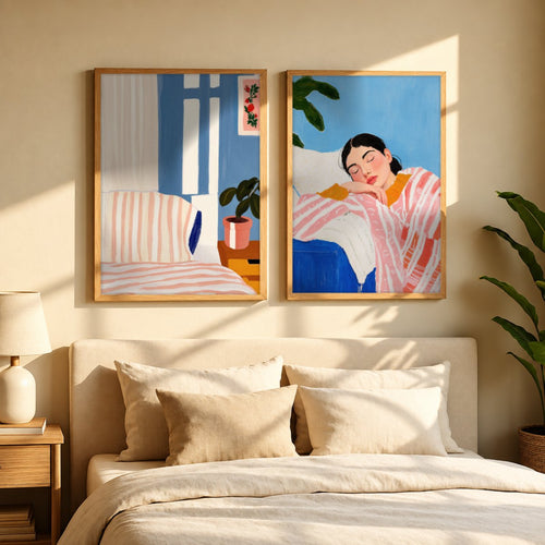 Set x2 Cuadros Abstractos, Ilustraciones Modernas Mujer Dormida