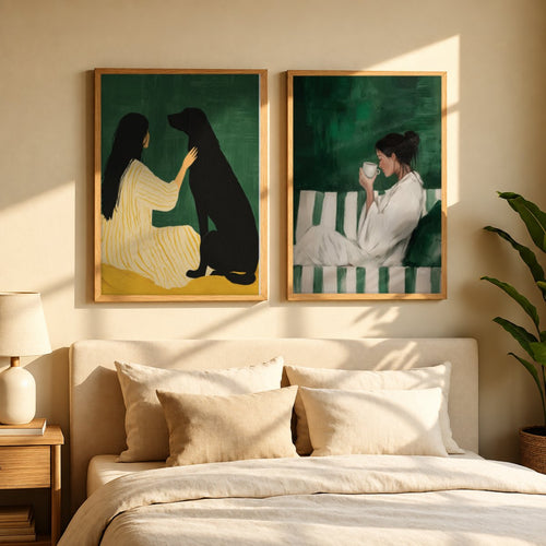 Set x2 Cuadros Abstractos, Ilustraciones Modernas Mujer Perro Verde Esmeralda
