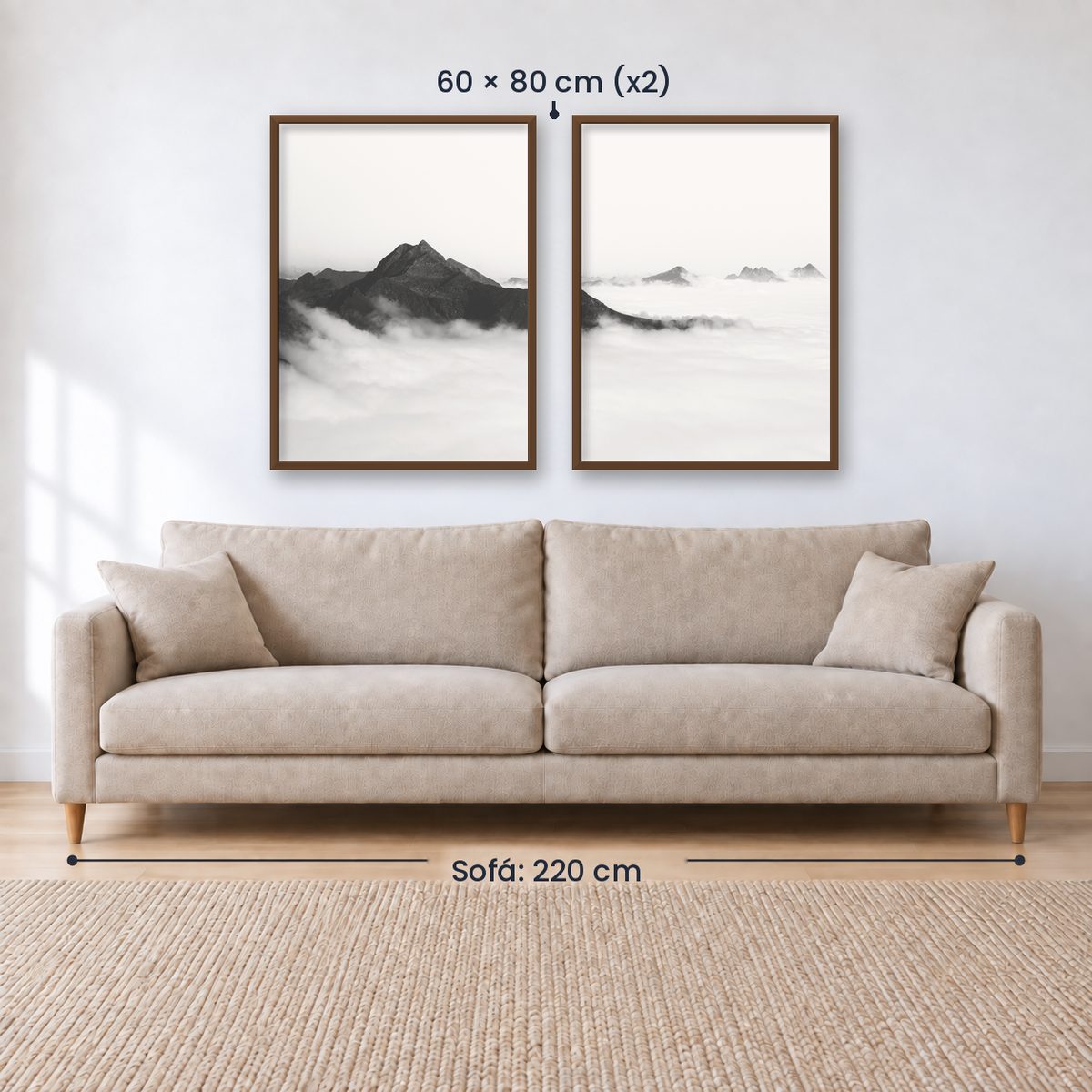 Set x2 Cuadros Decorativos Montañas, Blanco y Negro