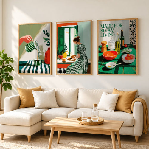 Set x3 Cuadros Abstractos Ilustración Cocina