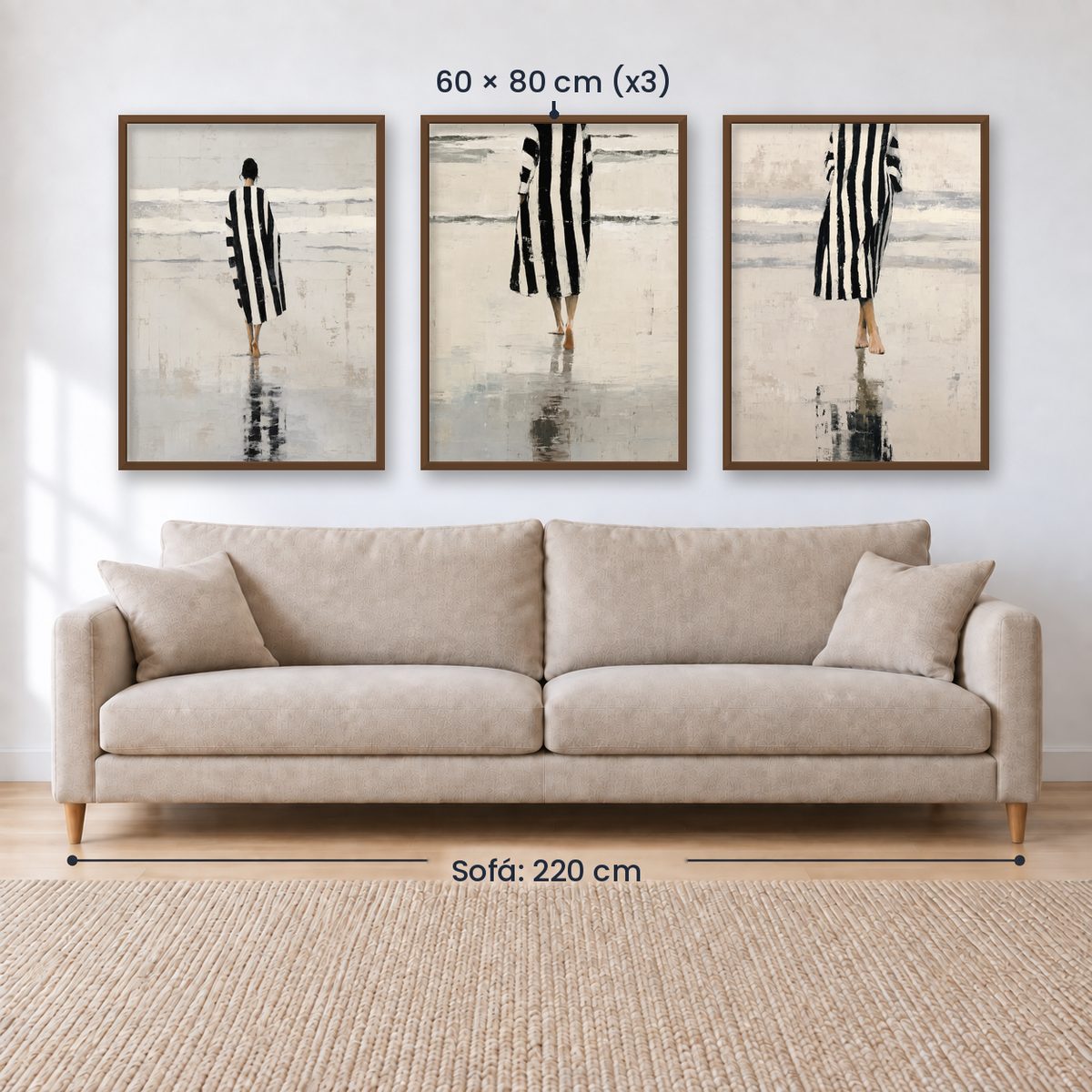 Set x3 Cuadros Abstractos Ilustración Mujer Blanco y negro Playa