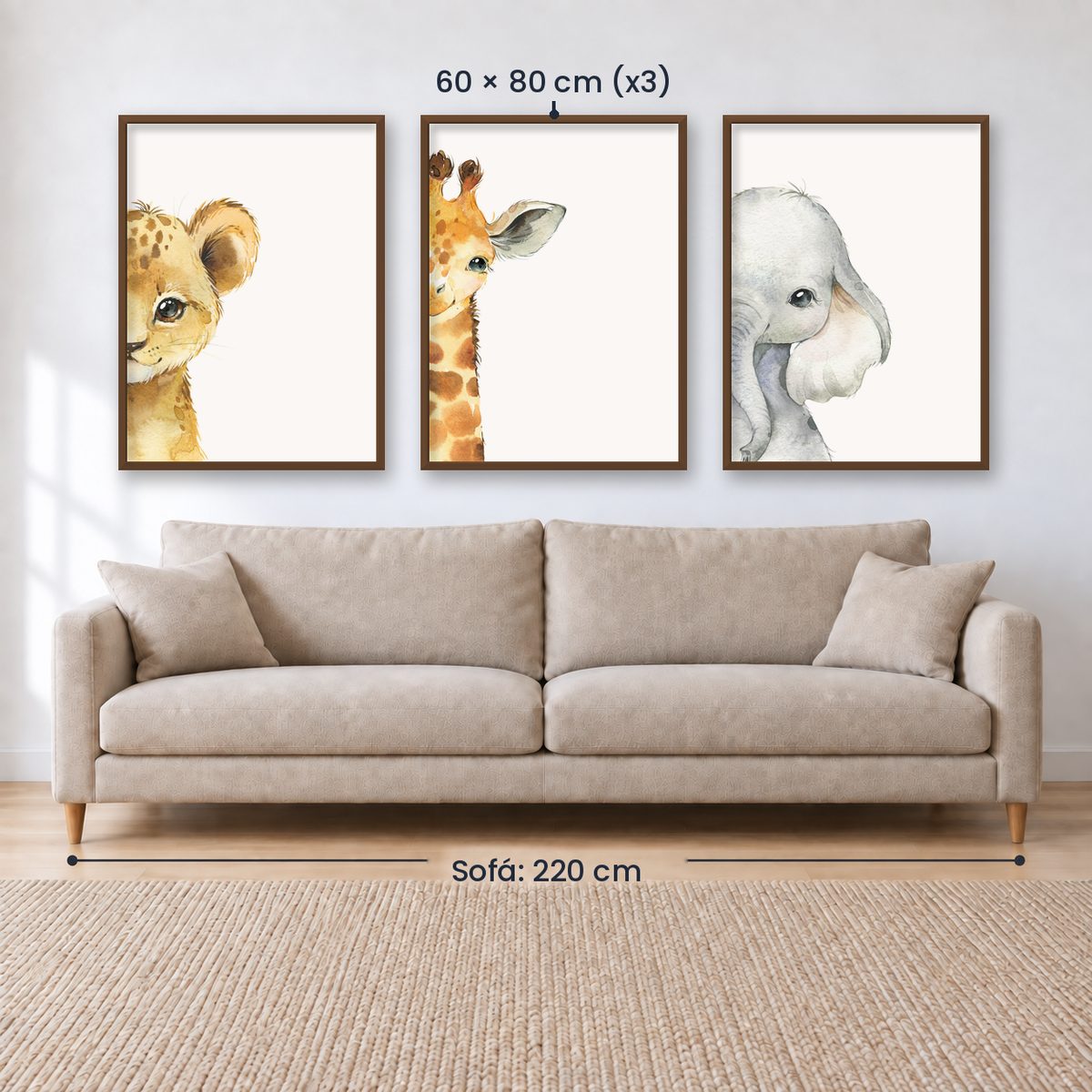 Set x3 Cuadros Animalitos, León, Jirafa, Elefante.