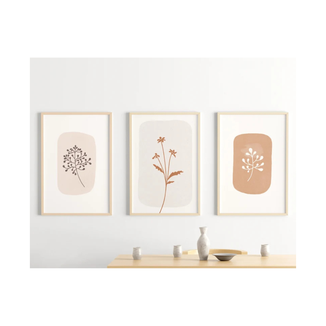 Set x3 Cuadros Diseños Botánico Flores Neutras