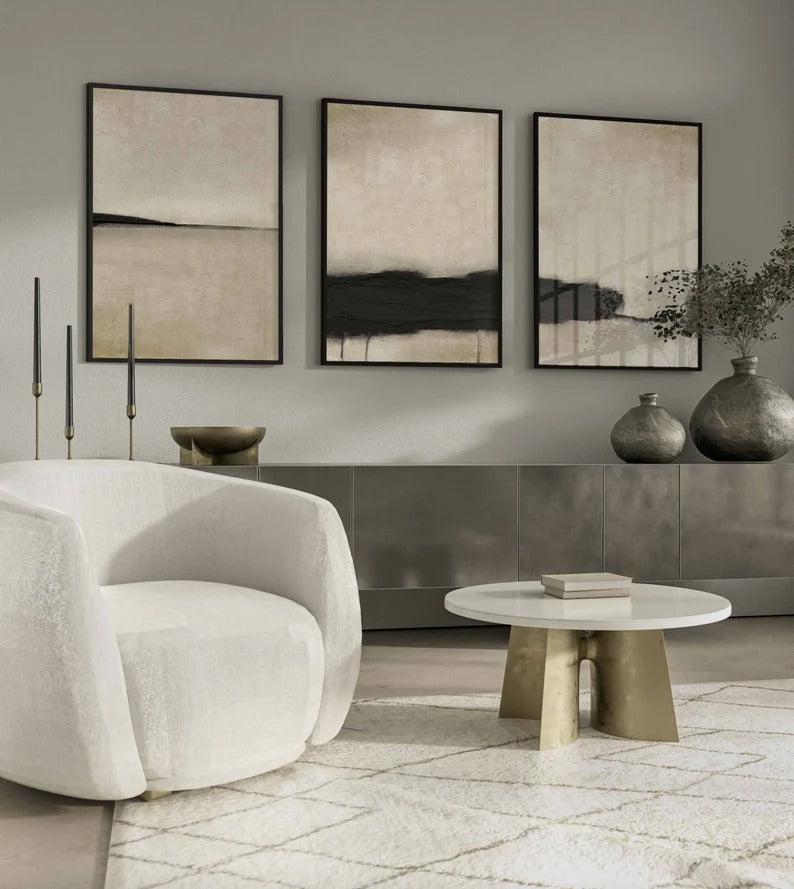 Set x3 Cuadros Abstractos, pintura, negro, beige