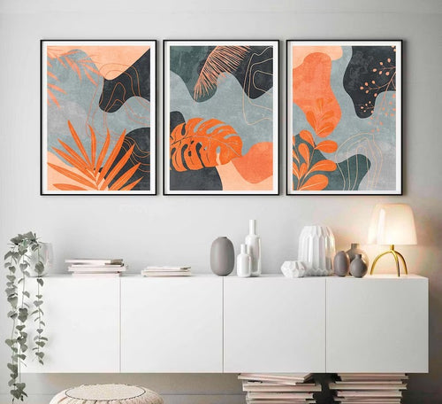 Set x3 Cuadros Abstractos, Colores, Azul Naranja Marco Natural