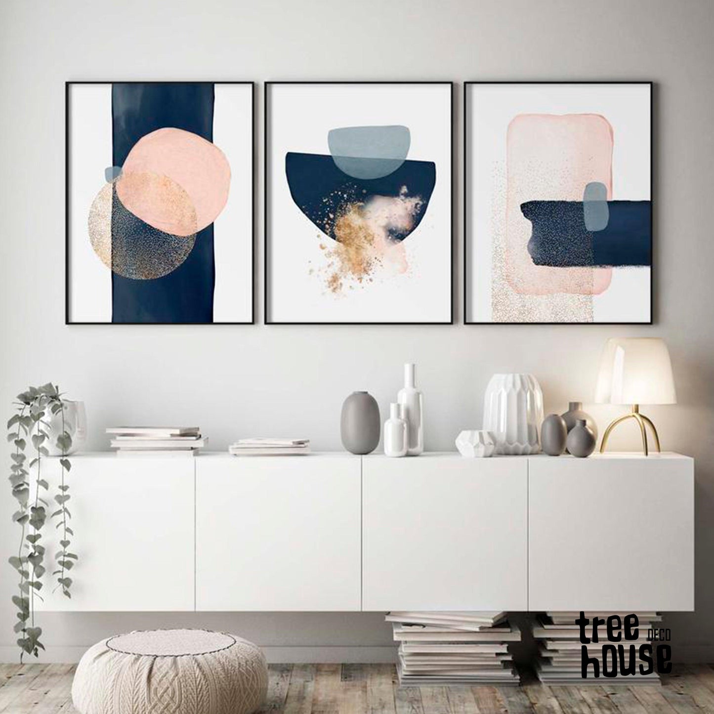 Set x3 Cuadros Decorativos Abstracto, Circular , Azul