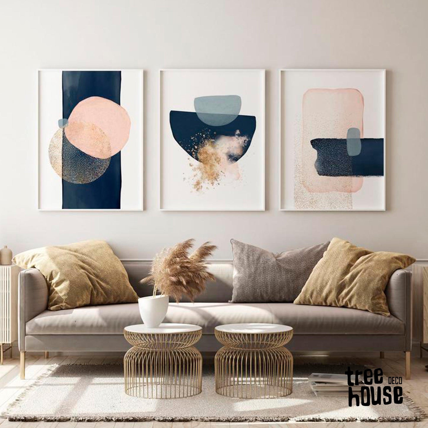 Set x3 Cuadros Decorativos Abstracto, Circular , Azul