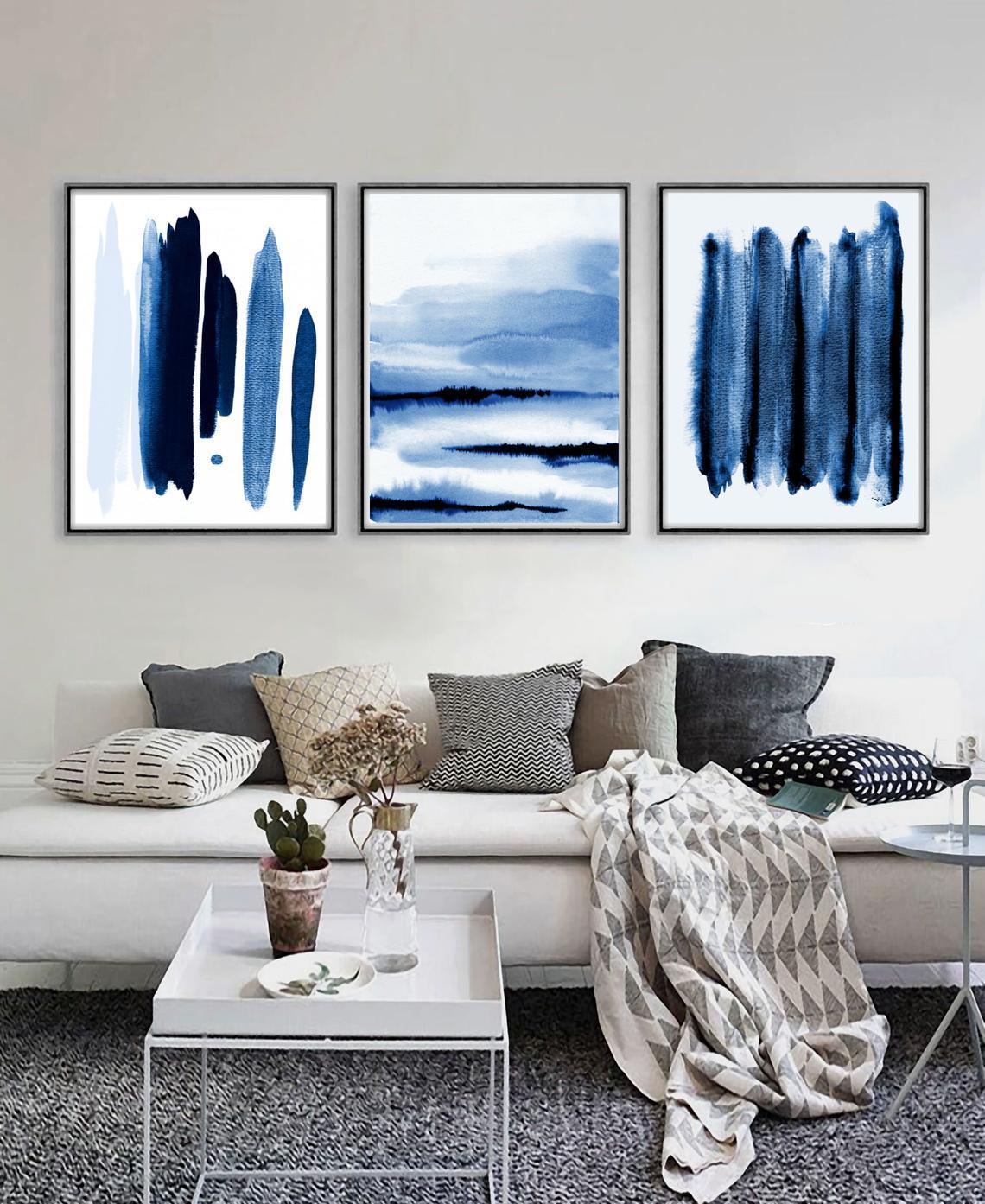 Set x3 Cuadros Decorativos Abstracto, Rayas azules