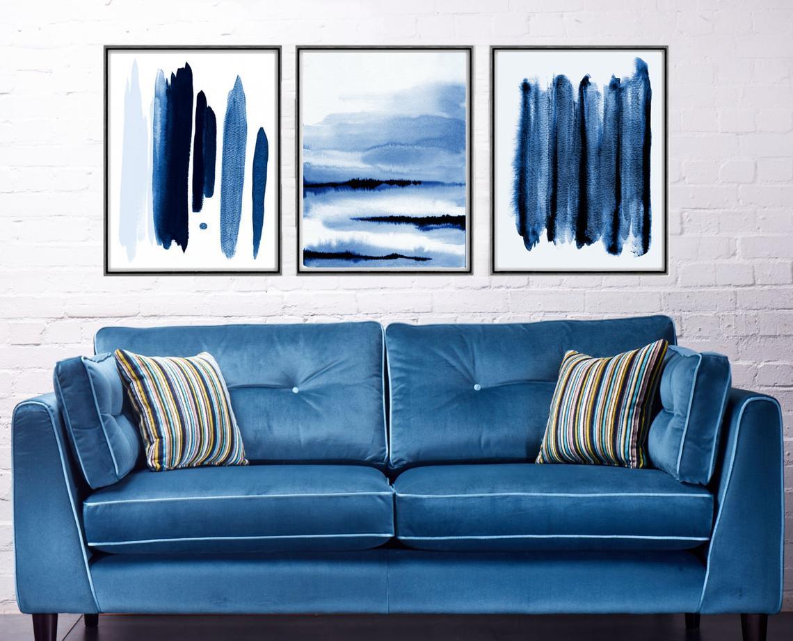 Set x3 Cuadros Decorativos Abstracto, Rayas azules