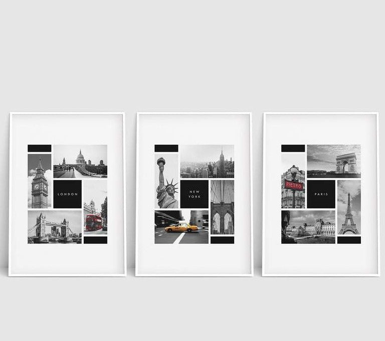 Set x3 Cuadros Decorativos Maps, New York , London y Paris