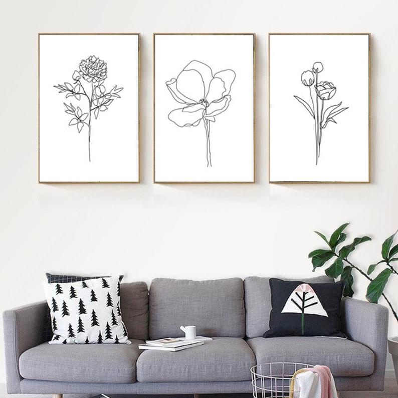 Set x3 Cuadros Decorativos Botánico , Flores dibujadas , Blanco y Negro