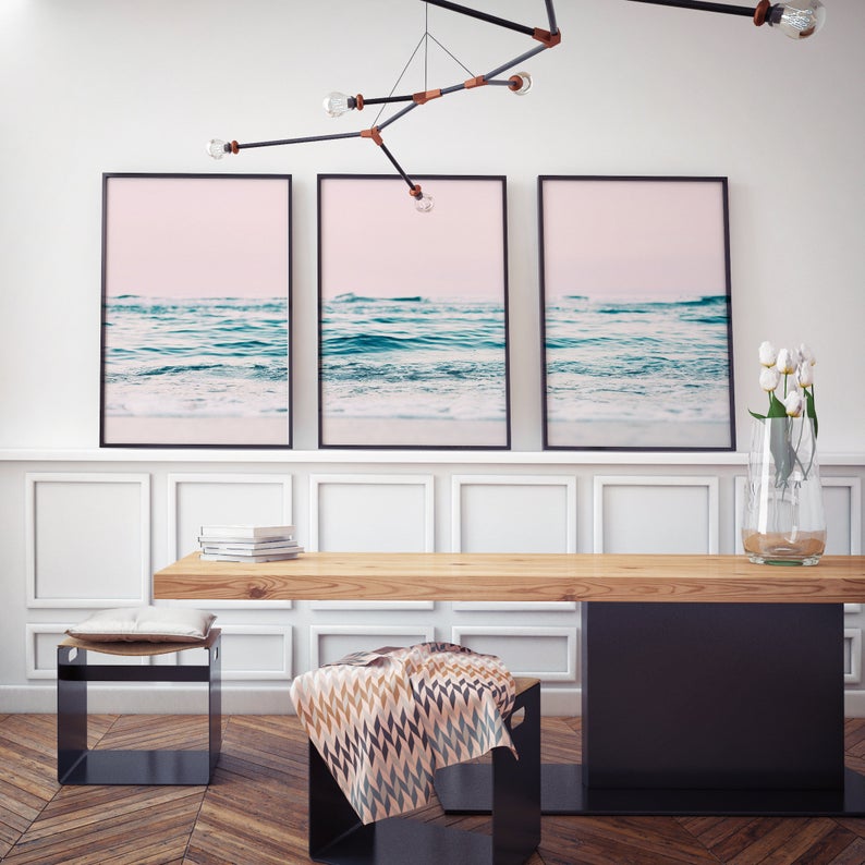 Set x3 Cuadros Decorativos , Playa , Fondo Rosa