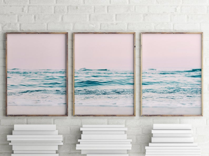 Set x3 Cuadros Decorativos , Playa , Fondo Rosa
