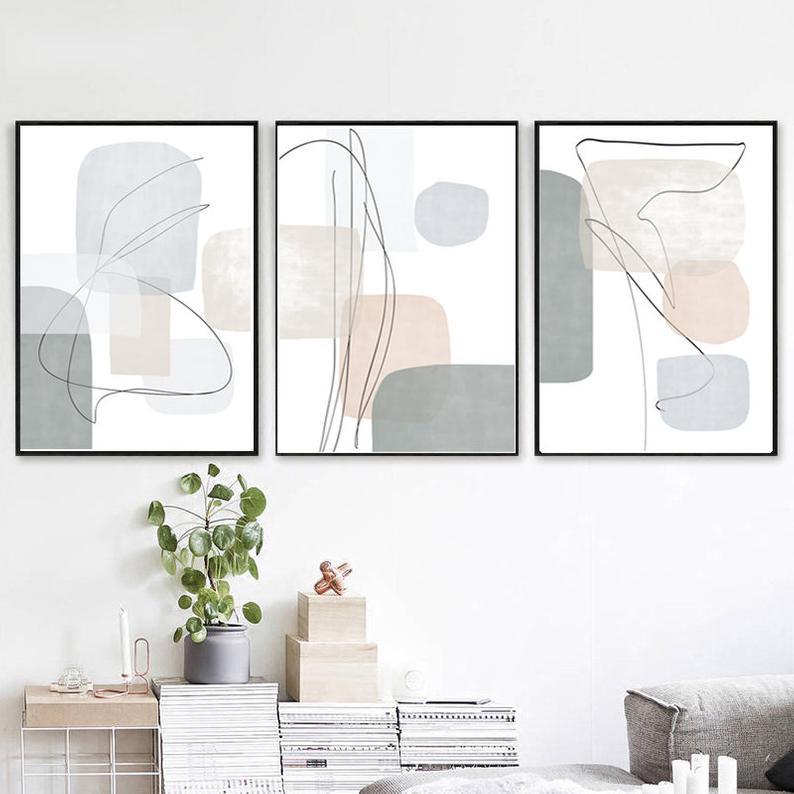 Set x3 Cuadros Decorativos Abstracto, Grisáceos