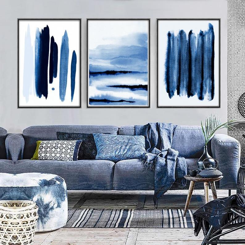 Set x3 Cuadros Decorativos Abstracto, Rayas azules