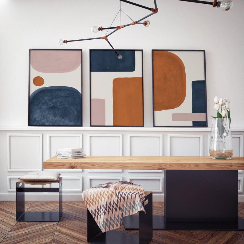 Set x3 Cuadros Decorativos Abstracto, Azul y Naranja