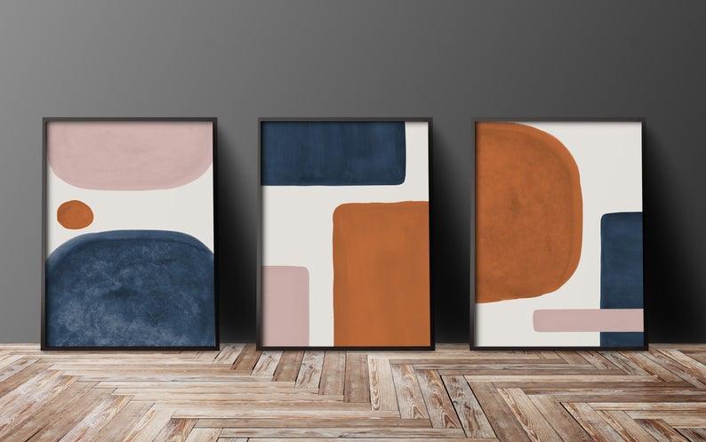 Set x3 Cuadros Decorativos Abstracto, Azul y Naranja