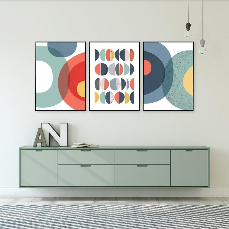 Set x3 Cuadros Decorativos Abstracto, Círculos azules y rojos