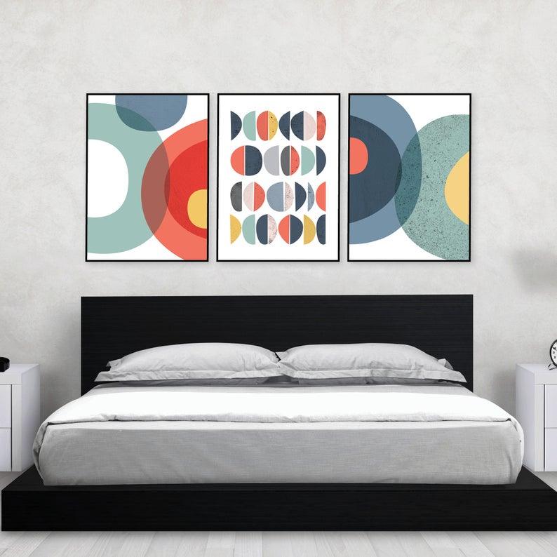 Set x3 Cuadros Decorativos Abstracto, Círculos azules y rojos