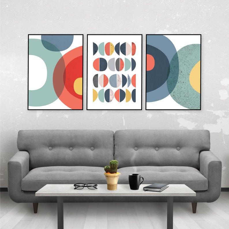 Set x3 Cuadros Decorativos Abstracto, Círculos azules y rojos