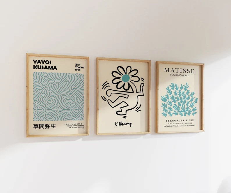 Set x3 Cuadros Abstractos, Matisse, Yayoi Kusama, Celeste, Azul