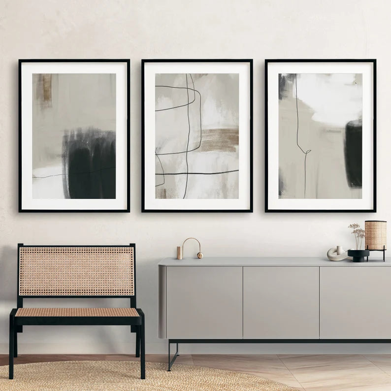 Set x3 Cuadros Abstracto, Negro, Pintura