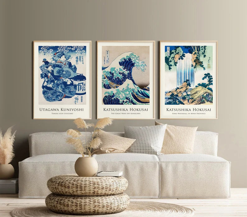 Set x3 Cuadros The Great Wave off Kanagawa (La gran ola de Kanagawa) Azul