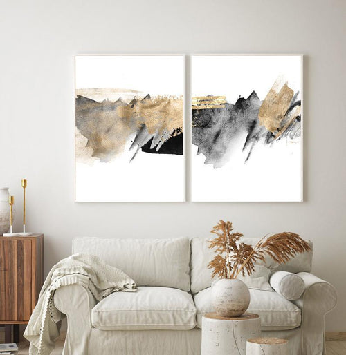 Set x2 Cuadros Decorativos Abstracto, Manchas , Negro y Dorado