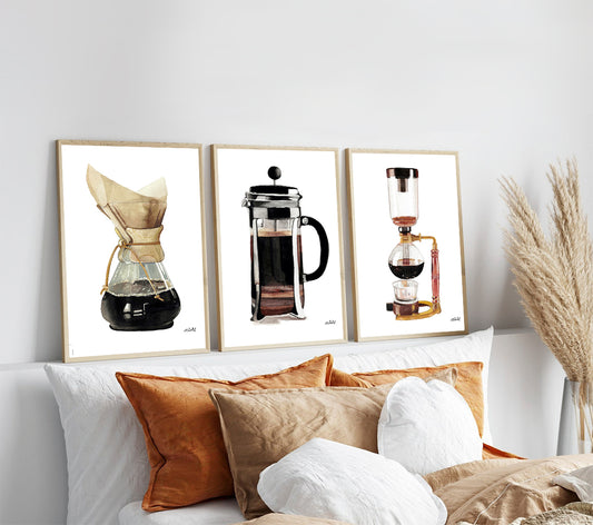 Set x3 Cuadros Cafeteras en Acuarelas by Beluulet