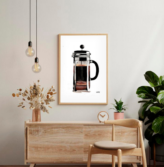 Cuadro Decorativo Cafetera Francesa en Acuarelas by Beluulet Marco Natural