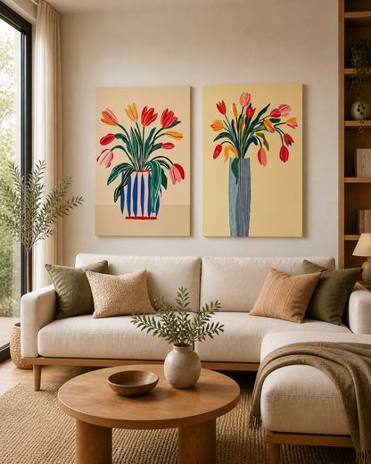 Set x 2 Cuadros Decorativos Mural Sin Marco 9mm - Flores y tulipanes Colores