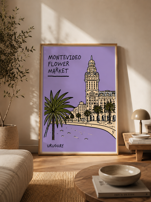 Cuadro Decorativo Uruguay Flower Market Montevideo Lila Marco Natural