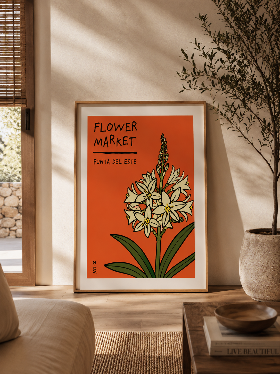 Cuadro Decorativo Uruguay Flower Market Punta del Este Rojo Marco Natural