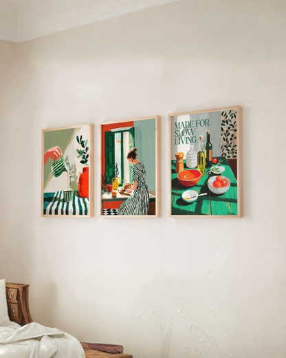 Set x3 Cuadros Abstractos Ilustración Cocina Marco Natural