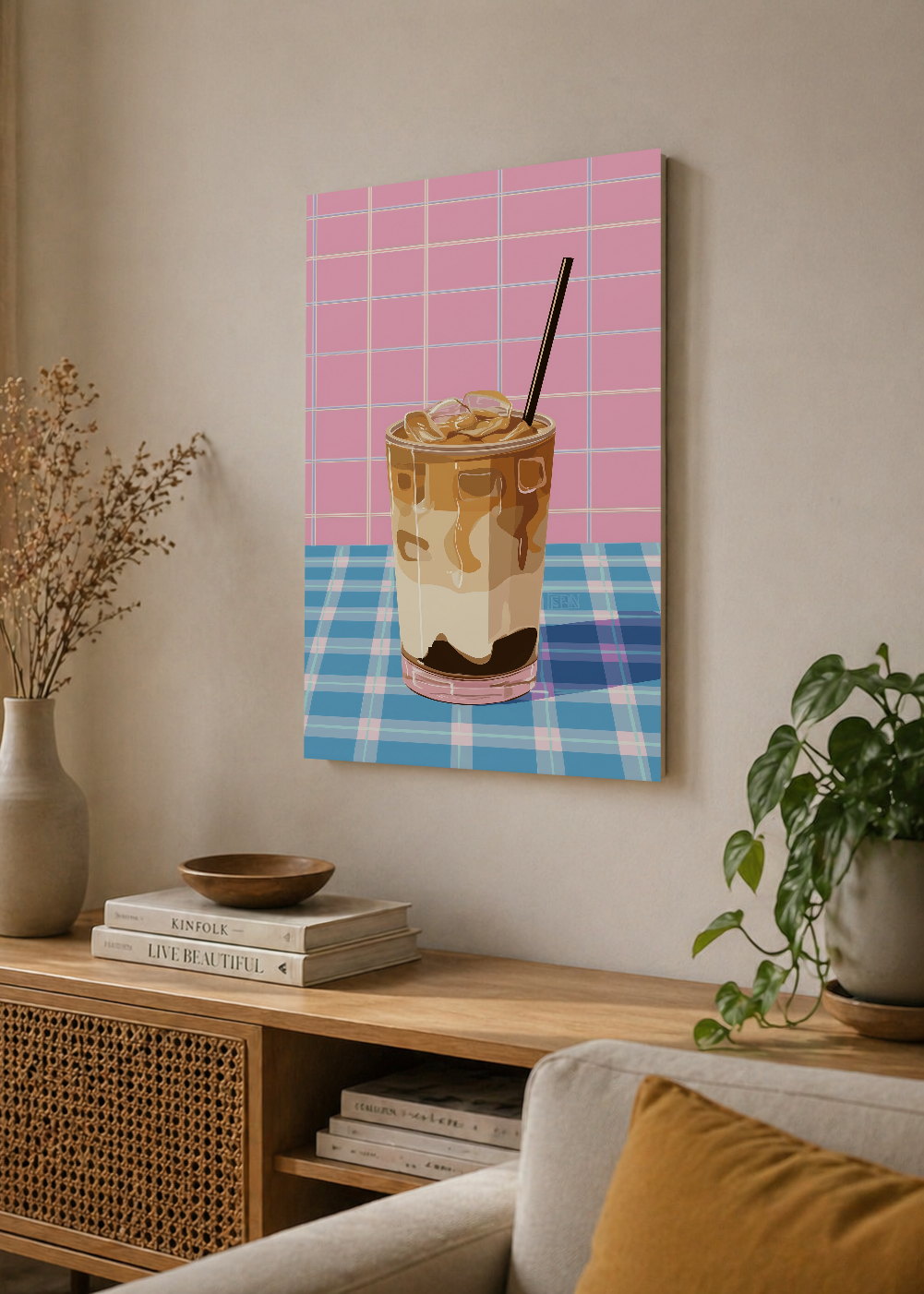 Cuadro Decorativo Mural Sin Marco 5mm - Cocina Cafe Helado Cuadricula Rosa
