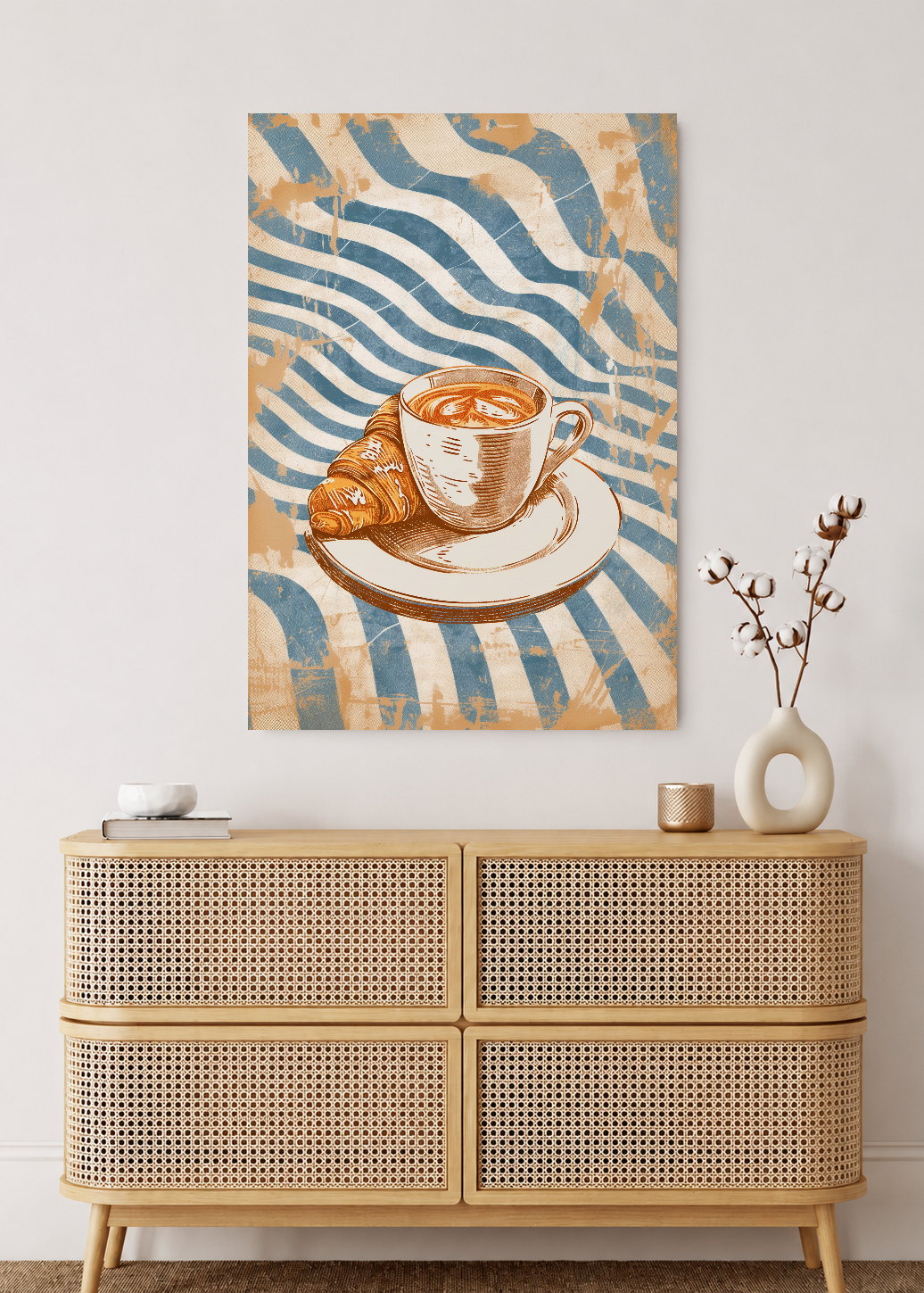 Cuadro Decorativo Mural Sin Marco 5mm - Cocina Capuchino Croissant Rayas Azul