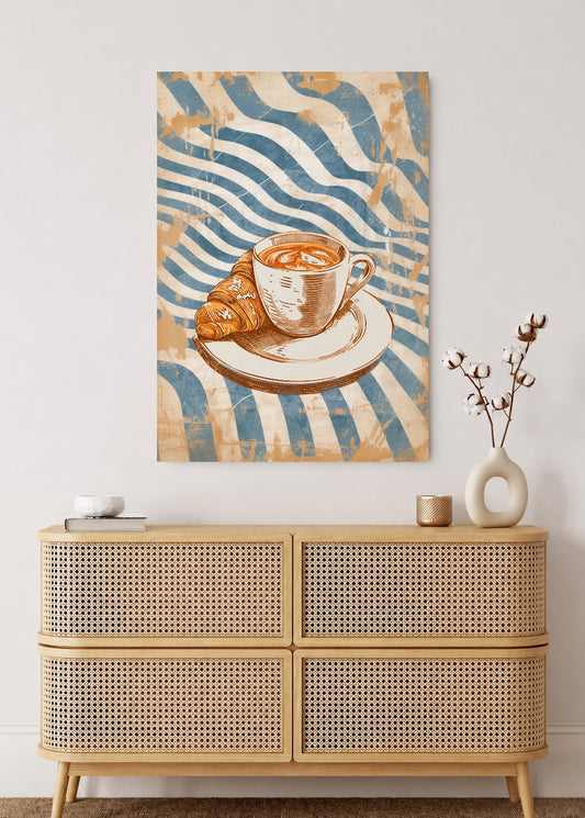 Cuadro Decorativo Mural Sin Marco 5mm - Cocina Capuchino Croissant Rayas Azul