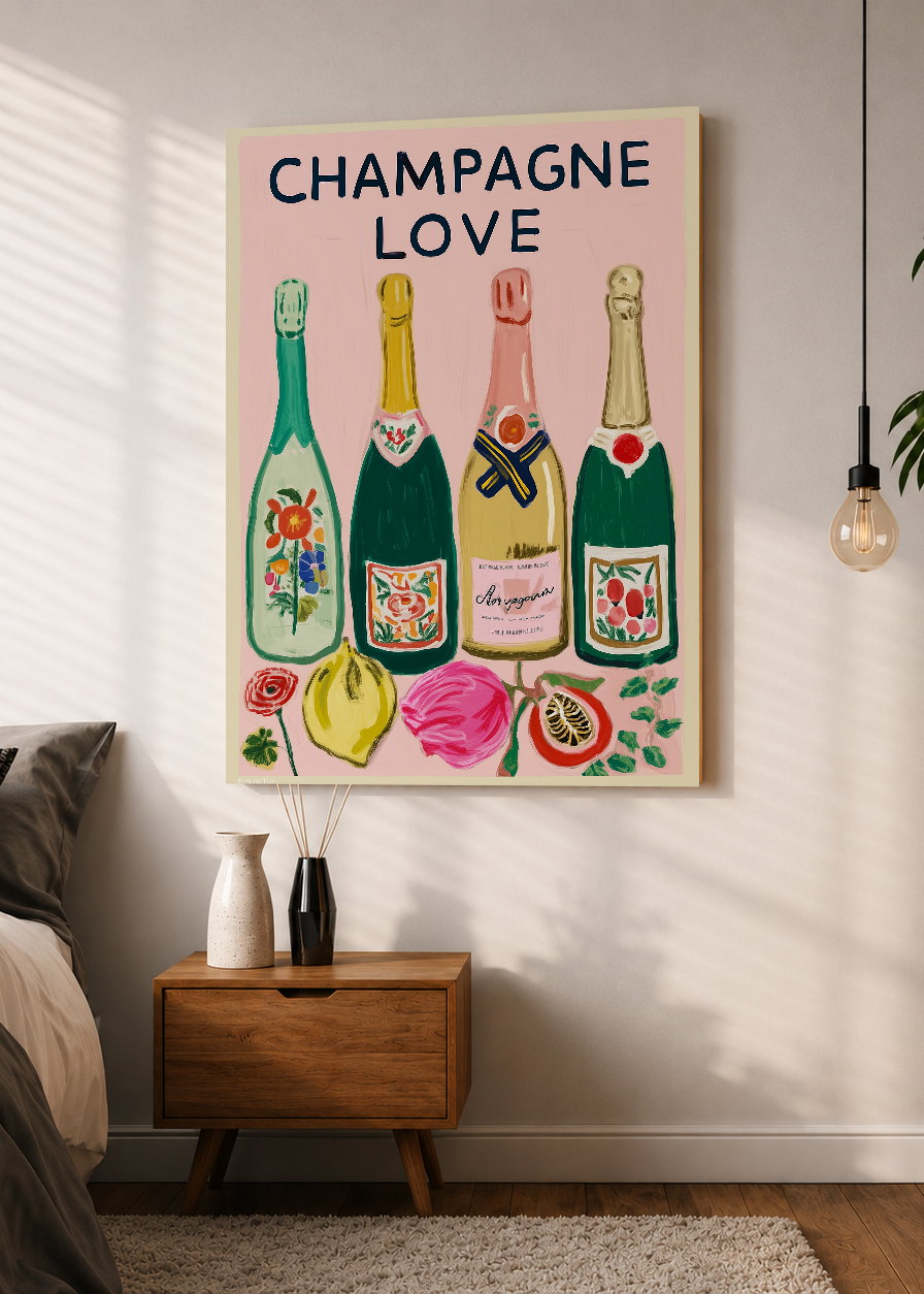 Cuadro Decorativo Mural Sin Marco 5mm - Cocina Champagne Love Botellas Rosa