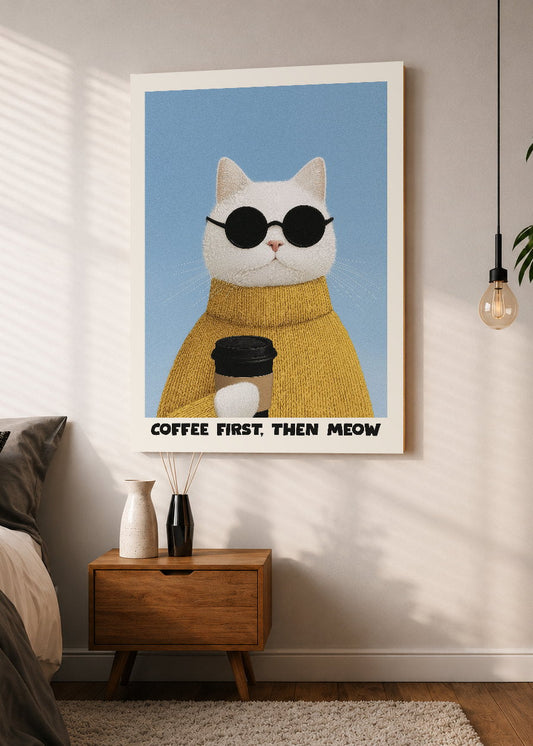 Cuadro Decorativo Mural Sin Marco 5mm - Cocina Gato Blanco Coffee First Then Meow