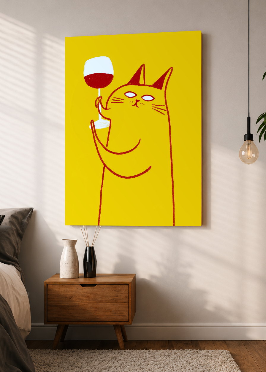 Cuadro Decorativo Mural Sin Marco 5mm - Cocina Gato Copa Vino Amarillo