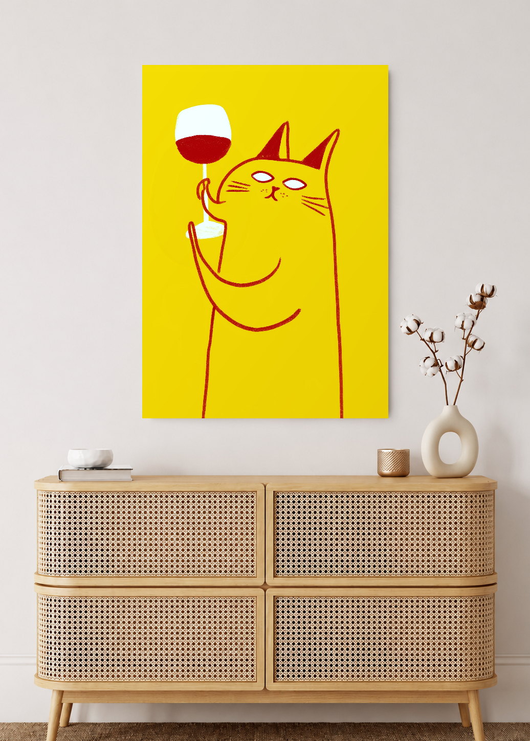 Cuadro Decorativo Mural Sin Marco 5mm - Cocina Gato Copa Vino Amarillo