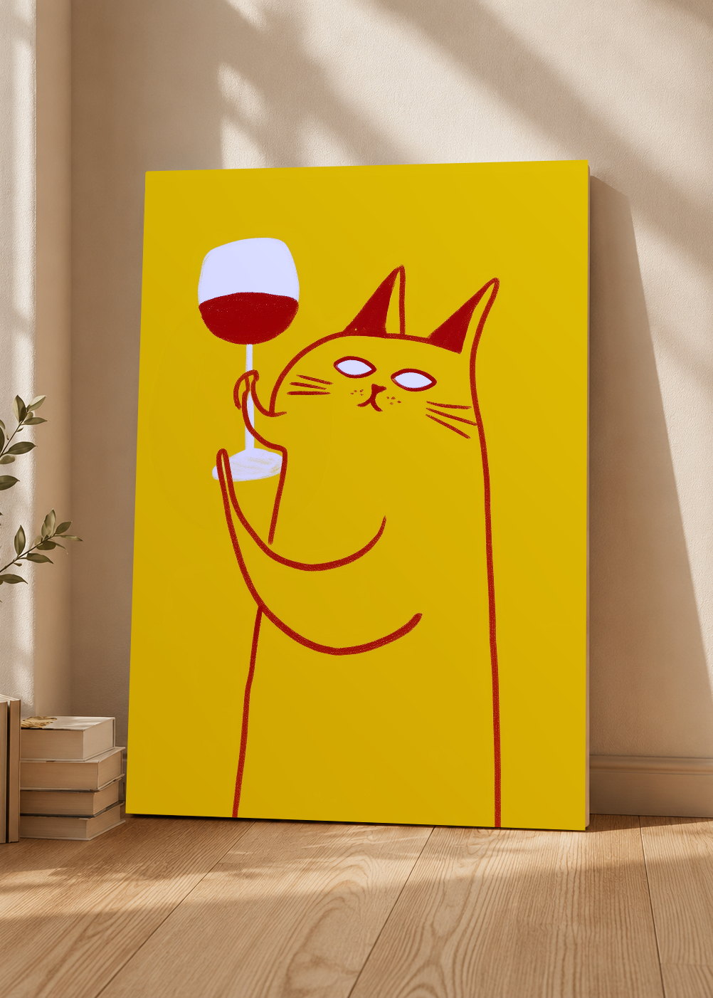Cuadro Decorativo Mural Sin Marco 5mm - Cocina Gato Copa Vino Amarillo